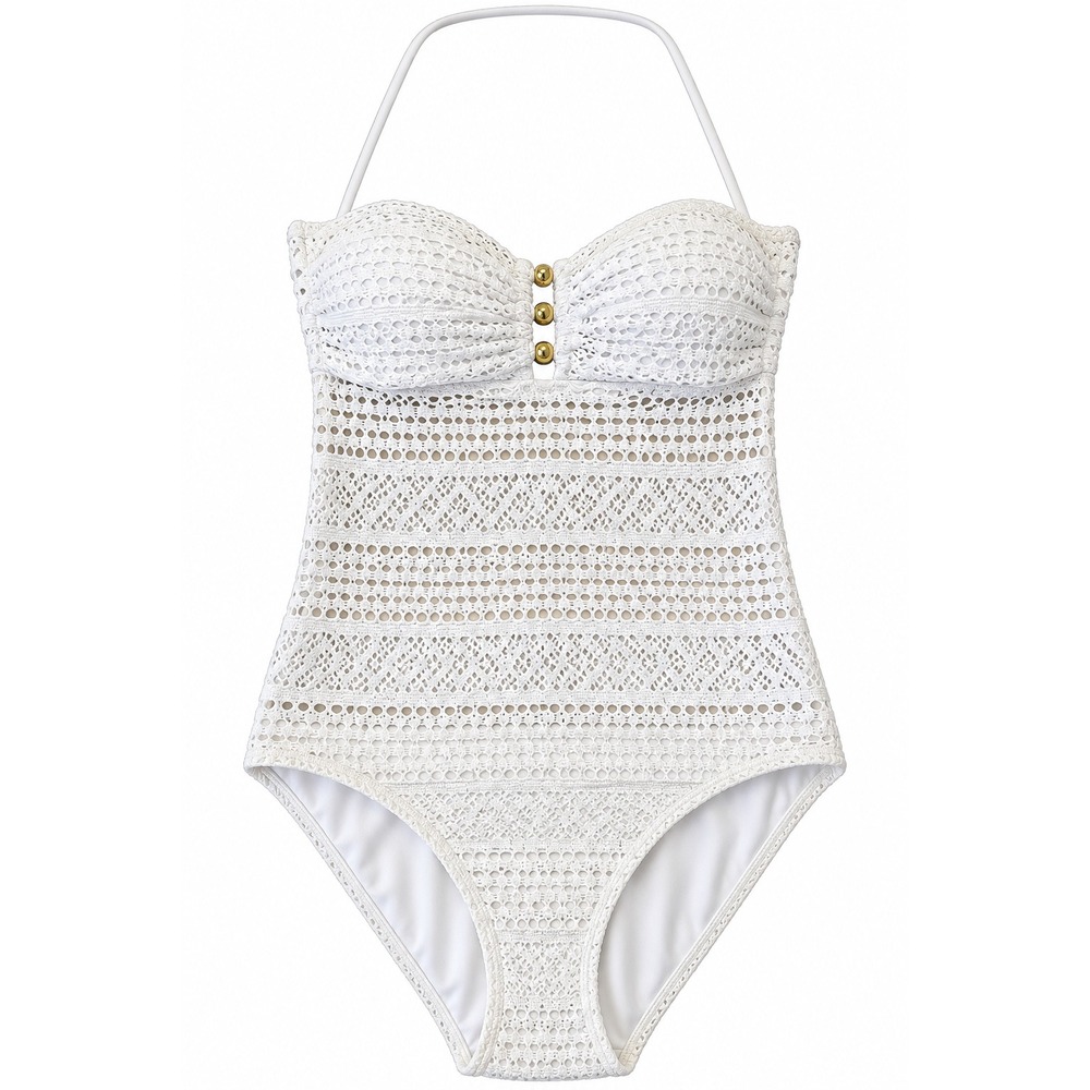 Lauren Ralph Lauren White Crochet Lace One Piece Swimsuit Gold Beads Size 10